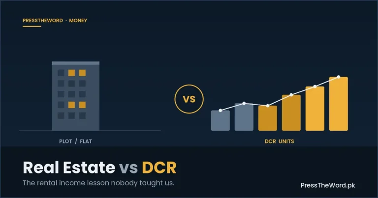 Real Estate vs DCR comparison graphic: an apartment building on the left labeled Plot/Flat, and a rising amber bar chart on the right labeled DCR Units