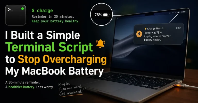 MacBook MagSafe charger plugged in showing orange charging light on desk with terminal window open in background
